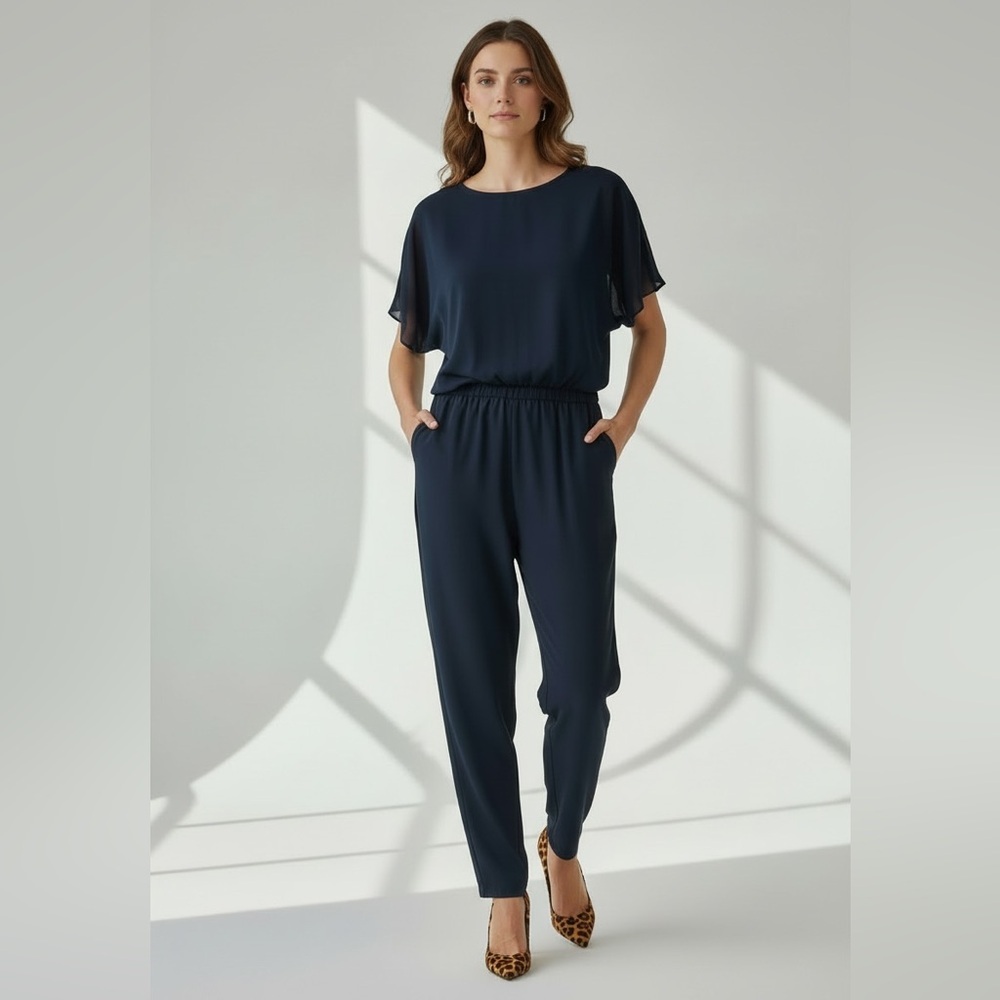 Metaphor Women’s Navy Blue Open Back Short‎ Sleeve Jumpsuit Large